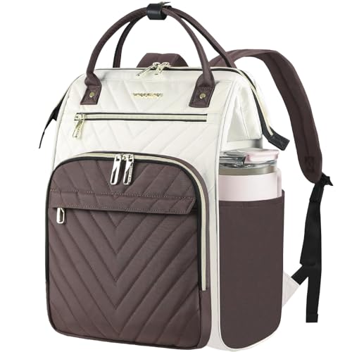VANKEAN 15.6 Inch Laptop Backpack for Women Fashion Computer Work Bag, Large Capacity Waterproof Backpack, College Daypack Business Travel, (Beige-Coffee, 15.6 Inch) - color: Beige-coffee, size: 15.6 Inch