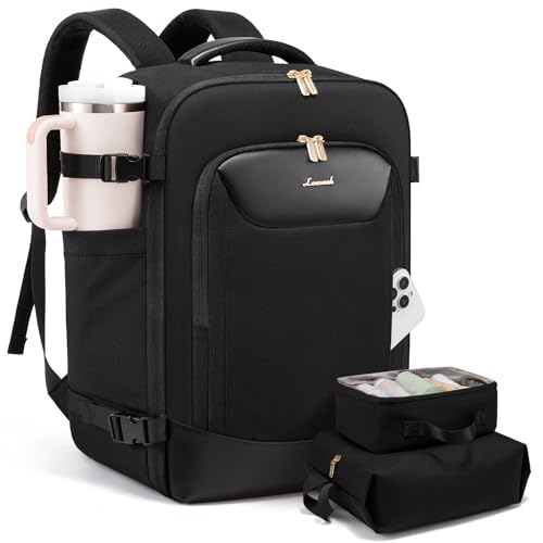 LOVEVOOK 40L Travel Backpack for Women Men, Large Carry on Backpack for Airplanes TSA Personal Item Travel Bag fits 15.6" Laptop, Waterproof Weekender Essentials Airline Approved with 2 Packing Cubes - color: Black, size: 40L-3Pcs