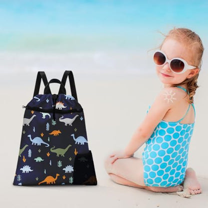 Funny Dinosaur Drawstring Backpack, 15” x 17” Waterproof Swim Bag for Beach Swimming Pool, Lightweight Foldable Gym Bag with Water Bottle Holder for Sports Travel - color: Funny Dinosaurs