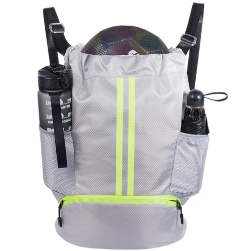 Soccer Sports Backpack with Separate Shoe Compartment & Waterproof Wet-Dry Storage, 20L Drawstring Gym Bag for Boys and Girls, Gray