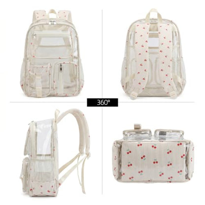 Clear Backpacks for Girls Women, Heavy Duty PVC Transparent School Bookbag See Through Back Pack for College Work Travel (Cherry Beige) - color: Cherry Beige