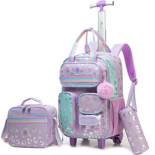 Kids Rolling Backpack with Wheels for Girls Roller Travel Luggage Kids Carry on School Backpack for Girls Ages 6-8 Purple - color: A Purple Love