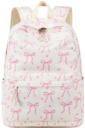 LEDAOU School Backpack for Teen Girls - 15.6 Inch Laptop Backpack, Cute Bow Aesthetic Bookbag, Lightweight Water Resistant Daypack for Middle High School, College and Travel - color: A-pink Bow Tie