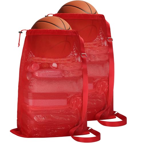 NATURAL STYLE 2 Packs Swim Bag Mesh Drawstring Backpack Oversized 18" x 26", Large Mesh Drawstring Backpack - color: Red