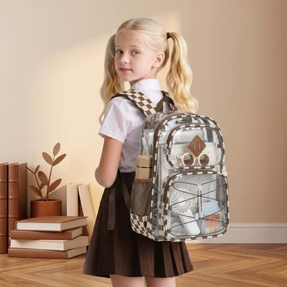 Clear Backpacks for Girls Women, Heavy Duty PVC Transparent Back Pack See Through Boys Kids Clear Bookbags for School Checkered Coffee - color: Checkered Coffee