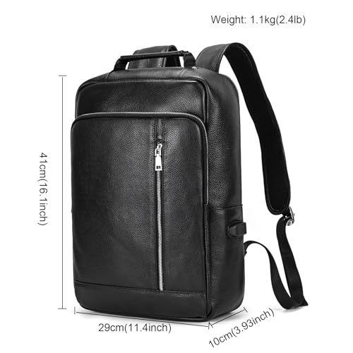 Genuine Leather Backpack Men Casual Daypack 15.6 Inch Laptop Rucksack Business Travel Outdoor Shoulder Bag with Trolley Sleeve (Black) - color: 8028-black