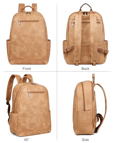 MASINTOR 15.6 inch Leather Laptop Backpack Purse for Women, Designer Travel and Work Bag with Laptop Compartment Retro Camel - color: Retro Camel