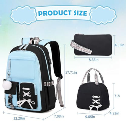 ACESAK Backpacks for Girls, Girls Backpack with Lunch Box and Pencil Case for Teen Kids Elementary Middle High School College Student, Children Backpack Bookbag with USB Charging Port (Blue) - color: Black & Blue