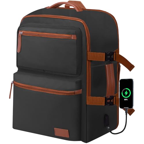 Expandable Travel Backpack Women Men with USB Charging Port, 15.6 Inch Laptop Backpack Waterproof Carry on Flight Approved for Travel Work Hiking College, Black - color: Black