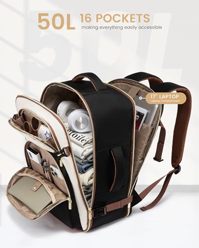 LOVEVOOK Travel Backpack for Women, 50L Airline Approved Carry On Backpack Luggage with 3 Packing Cubes, TSA Personal Item Travel Bag, Waterproof Weekender Backpack Fits 17.3" Laptop - color: Black - Beige White - Chestnut Brown, size: X-Large-50L-4Pcs