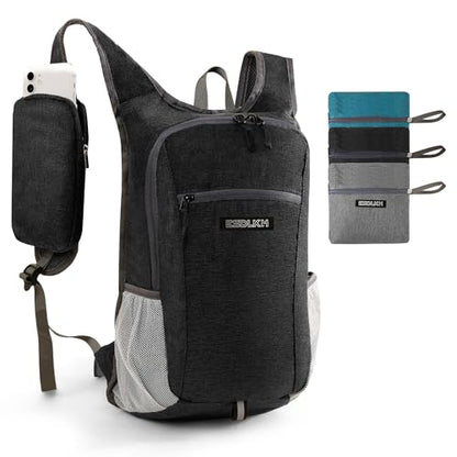 Small Hiking Backpack with Detachable Front Phone Holder, Foldable Packable Back pack with Chest and Waist Strap, Lightweight Daypack for Women Men (Black, 15L) - color: Black