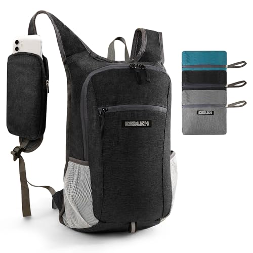 Small Hiking Backpack with Detachable Front Phone Holder, Foldable Packable Back pack with Chest and Waist Strap, Lightweight Daypack for Women Men (Black, 15L) - color: Black