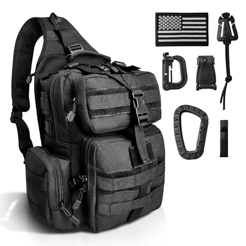 ALVOD Molle Assault Shoulder Bag, Military Crossbody Sling Backpack for Men, Outdoor Hiking Camping Rucksack Sling Bag（Black）