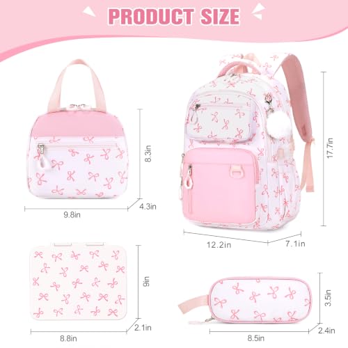 Bevalsa Backpack for Girls, Bow School Bookbag Teen Girls Backpack Set with Bento Lunch Box, Insulated Bag & Pencial Case, 43oz Lunch Containers for Kids Elementary Middle Student (Pink Bow) - color: Pink Bow