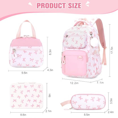 Bevalsa Backpack for Girls, Bow School Bookbag Teen Girls Backpack Set with Bento Lunch Box, Insulated Bag & Pencial Case, 43oz Lunch Containers for Kids Elementary Middle Student (Pink Bow) - color: Pink Bow