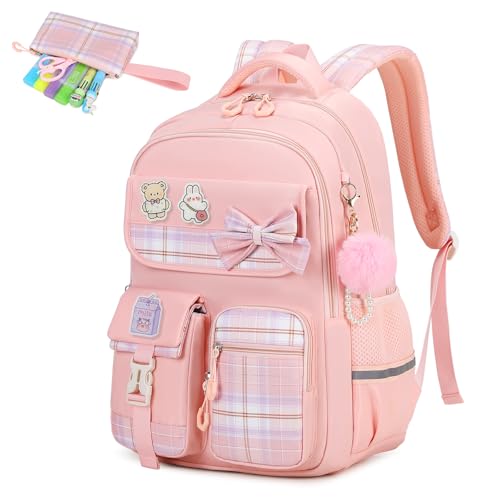 MOONBABY Girls Backpack, Kids Backpack for Girls School Bags with Pen Case, Bow Plaid Book Bag for Elementary Middle Primary High School College, Pink-2pcs - color: Pink
