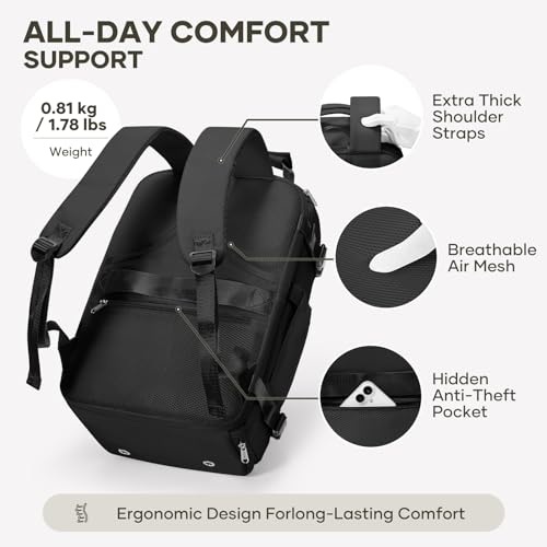 coofay Travel Backpack for Women Men, Carry on Backpack for Airplanes - color: Black