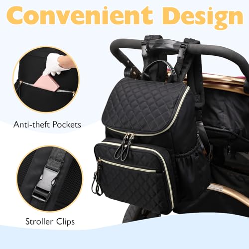 LORADI Lightweight Diaper Bag Backpack, Baby Shower Gifts, Black-gold | Stroller Clips, Insulated Pockets, Water-resistant, Easy to Clean, Durable - color: Black-gold