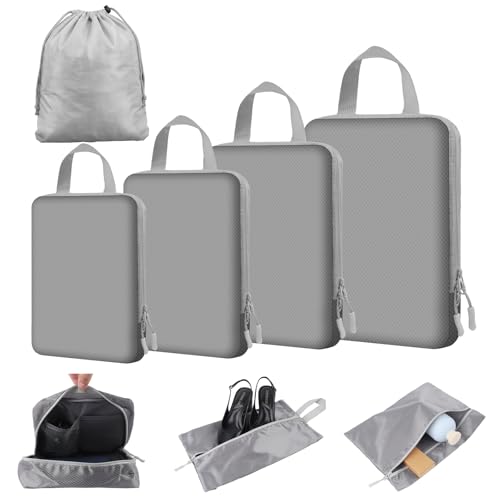 8 Set Expandable Compression Packing Cubes for 3–7 Day Travel, Solid & Plaid Fabric Travel Organizers, Double-Zipper Storage Bags for Carry-On & Suitcases(8set-Grey) - color: Grey, size: 8 set