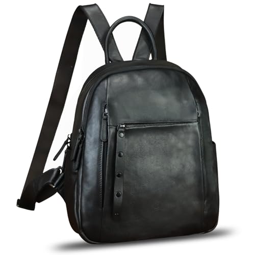 Genuine Leather Backpack for Women Vintage Casual Daypack Purse Back Bag Handmade Knapsack Western Rucksack (Black)