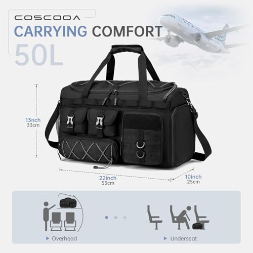 Tactical Gym Bags for Men, Carry On Luggage 22x14x9 Airline Approved, 3 in 1 Duffle Bag with Shoe Compartment,Travel Backpack Weekender Overnight Range Bag for Workout Football, Black - size: 50L