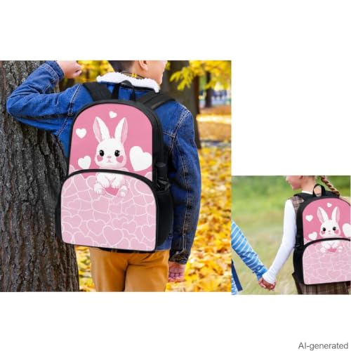 Cute Bunny Backpack for Girls Kids Backpack with Lunch Box Water Bottle Bag and Fabric Pencil Pouch 4Pcs Set 17" Bookbag with Large Front Pocket for School Lightweight Elementary School Bag - color: Cute Bunny and Pink Heart