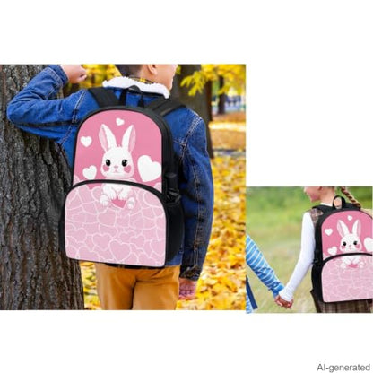 Cute Bunny Backpack for Girls Kids Backpack with Lunch Box Water Bottle Bag and Fabric Pencil Pouch 4Pcs Set 17" Bookbag with Large Front Pocket for School Lightweight Elementary School Bag - color: Cute Bunny and Pink Heart