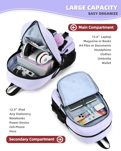 Hidds Laptop Backpacks 15.6 Inch School Bag Elementary Middle High College Backpack Cute Bookbags Anti Theft Travel Back Pack Casual Daypack Kids Book Bag for Teens Girls Women Students-Purple Black - color: Purple Black