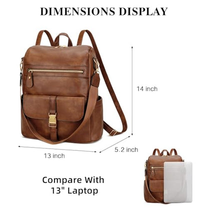 KKXIU Backpack Purse for Women - Multi-pocket Leather backpack for Travel, Work & School with Anti-Theft Lock Pocket, Luggage Strap & Water Bottle Pockets - 13x14x5.2 Inch (B-Brown) - color: B-brown