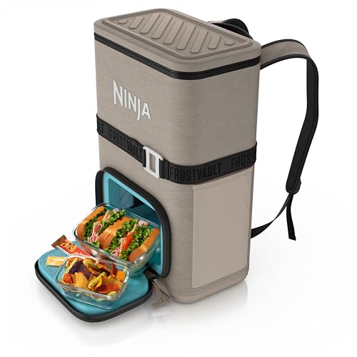 Ninja | Backpack Cooler | FrostVault Go 24 Can Soft Cooler | Leakproof Zipper with Built in Can Opener, 2 Ice Packs & Dry Storage Drawer | for Hiking, Camping & More | Birch Beige | FF124CS - color: Beige, size: 24 Can