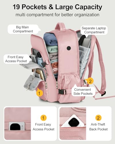 Travel Backpack for Women & Men, Carry On Personal Item Bag Flight Approved, Large Waterproof Laptop Backpack for Travel, Overnight, College & Commuting Pink - color: Pink