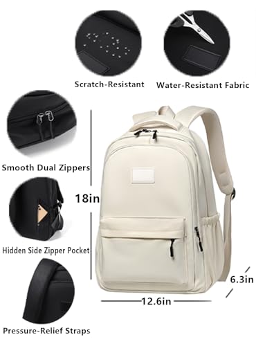 Water-Resistant Casual Backpack - Lightweight Travel Daypack with Laptop Compartment & Multi-Pocket Design (White) - color: White