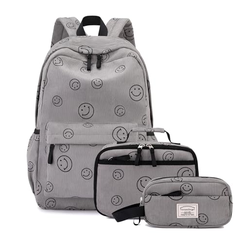 Tanweibago Backpack for Girls Boy Teen Corduroy Bookbags Elementary Middle High School Women Laptop Bag with Lunch Box Pencil Bag (Smile Grey) - color: Smile Grey