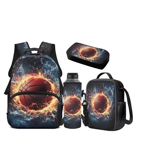 JEOCODY Fire Water Basketball School Bag Boys Backpack with Lunch Bag Water Bottle Pencil Case Pouch Set Large Capacity Girls Bookbag Daypack for Travel Hiking, Set 4 in 1 - color: Fire Water Basketball Patternss