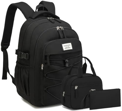Teen Girls Boys Backpack Aesthetic School Bag with Lunch Box, Laptop Backpack Bookbag for High School College Women Men, Black 3pcs - color: Black 3pcs, size: 15.6in