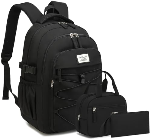 Teen Girls Boys Backpack Aesthetic School Bag with Lunch Box, Laptop Backpack Bookbag for High School College Women Men, Black 3pcs - color: Black 3pcs, size: 15.6in