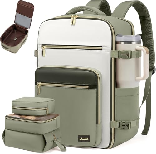 LOVEVOOK Travel Backpack For Women,50L Carry On Backpack Flight Approved,TSA Personal Item Travel Bag Fits 18 Inch Laptop,Business Weekender Overnight Daypack with Toiletry Bag and Cubes - color: Green and White, size: 18 Inch-50L-4Pcs