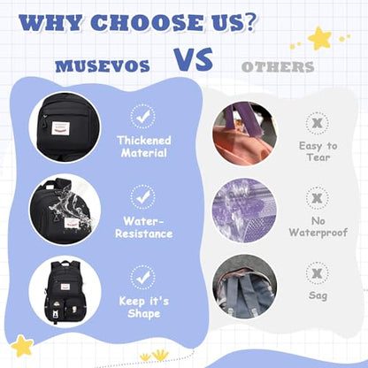 MUSEVOS Girls Backpack for Kids Teenage Elementary Middle High School Backpacks, Lightweight Water Resistant Bookbag Multiple Compartments large Capacity, Black - color: Black