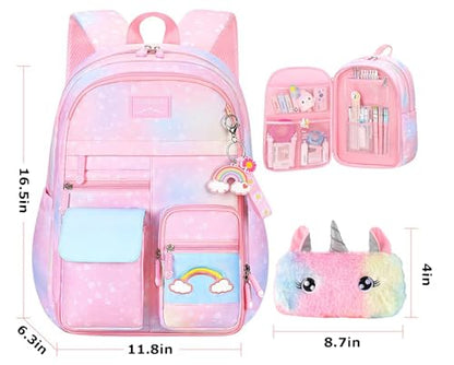 Girls Gradient Rainbow Backpack,Cute Student School Backpack With Pen Bag,Starry Rainbow Laptop Travel Bag-Pink - color: Gradient Pink