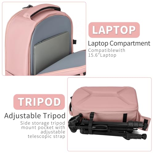 TORIBIO Camera Backpack, Hardshell DSLR/SLR/Mirrorless Photography Camera Bag with Rain Cover, Waterproof Hard Shell Camera Case with Tripod Holder & 15.6" Laptop Compartment - color: Pink