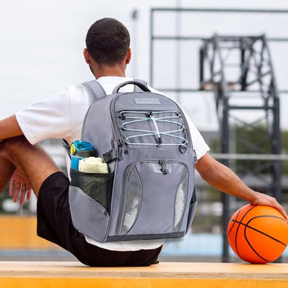 Basketball Bag Backpack with Ball Compartment & Shoe Pocket – Gym Bag for Basketball, Soccer, Football, Volleyball – Large Capacity Athletic Backpack for Youth & Adults, Basketball Gifts - color: Grey