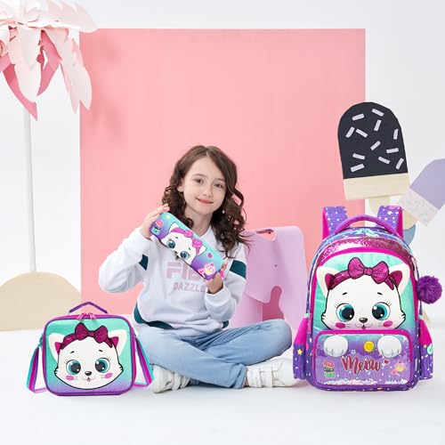 Meetbelify Kids School Backpacks for Girls Boys Backpack with Lunch Bag for Elmentary Students - color: 01 Purple Cat