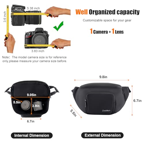 Cwatcun Waterproof Camera Waist Bag Compact Camera Case, Lightweight Portable Fanny Pack, Daily Carry Storage Case Crossbody Bag for Canon, Nikon, Sony, Fuji DSLR/SLR/Mirrorless Camera, Lens, Black - size: Small
