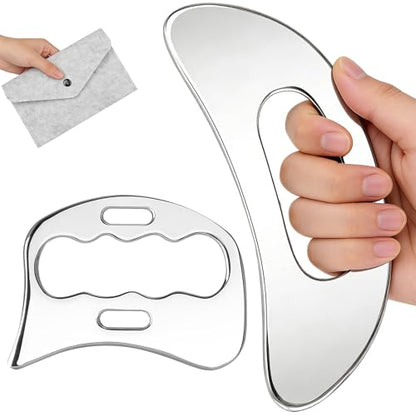 2-in-1 Stainless Steel Gua Sha Massage Tool Set, Muscle Scraper & IASTM Tools for Soft Tissue Mobilization, Myofascial Release, Body Skin Massage, Physical Therapy Sore Muscle Relief with Travel Pouch