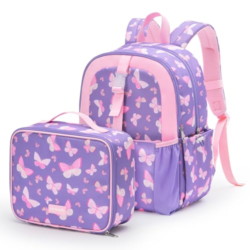 mommore Kids Backpack for Boys Girls 4-8 Kindergarten Elementary School Backpack with Lunch Box - 15” H Fit Folder - color: Purple Butterfly, style: 2 Pcs