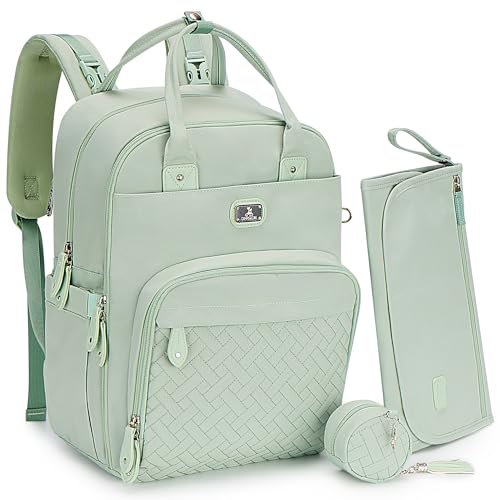 Dikaslon Diaper Bag Backpack with Portable Changing Pad, Pacifier Case and Stroller Straps, Large Unisex Baby Bags for Boys Girls, Multipurpose Travel Back Pack for Moms Dads, Mint Green - color: Mint Green