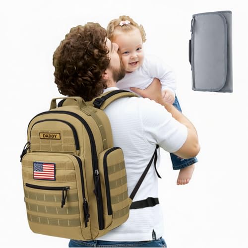 SHARKMOUTH Baby Diaper Bag for Men - Large Military Daddy Gear Backpack with Changing Pad for Travel Camping Hiking - Army Style for Active Dad Tan - color: Tan W/ Changing Pad