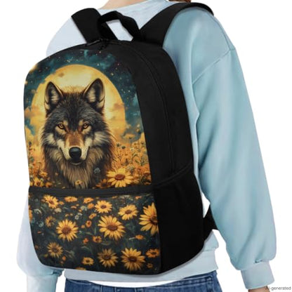 ZDCUSTOM Sunflower Wolf School Backpack with Lunch Box for Kids Boys School Bags with Pencil Case Keychain Water Bottle Holder 5PCS, Large Capacity Elementary Bookbag for 1st 2nd 3rd Grade - color: Sunflower Wolf