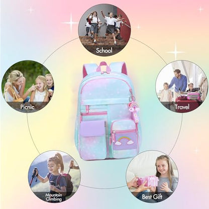 School Backpack for Girls Rainbow Kids Cute Backpack for Back to School Laptop Travel Bag With pencil Case (Blue Set) - color: Blue Set