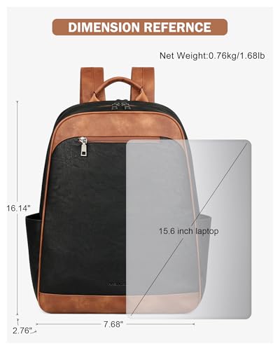 MASINTOR 15.6 inch Leather Laptop Backpack Purse for Women, Designer Travel and Work Bag with Laptop Compartment Black Brown - color: Black Brown